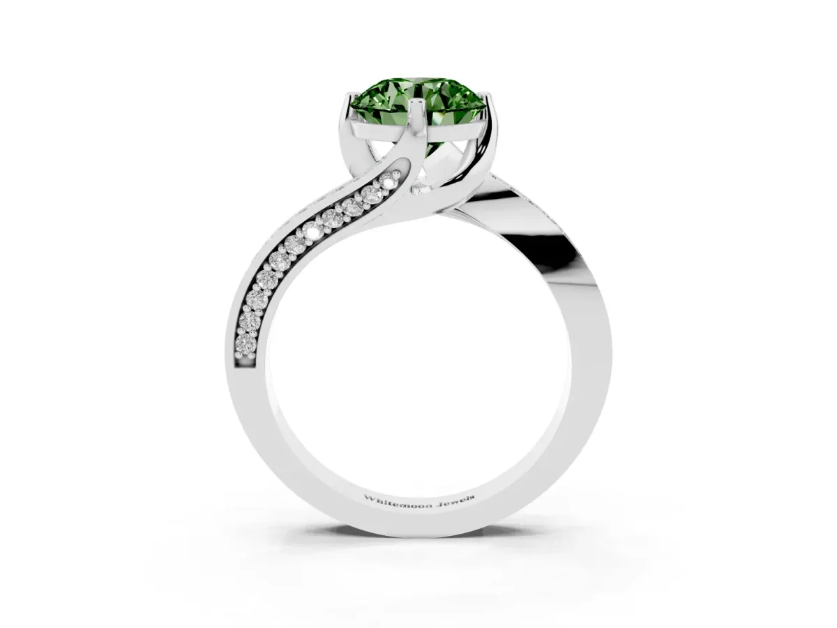 Fancy Green Round Cut Solitaire Diamond Twist Band with Pavé Setting and Four-Prong Setting Platinum