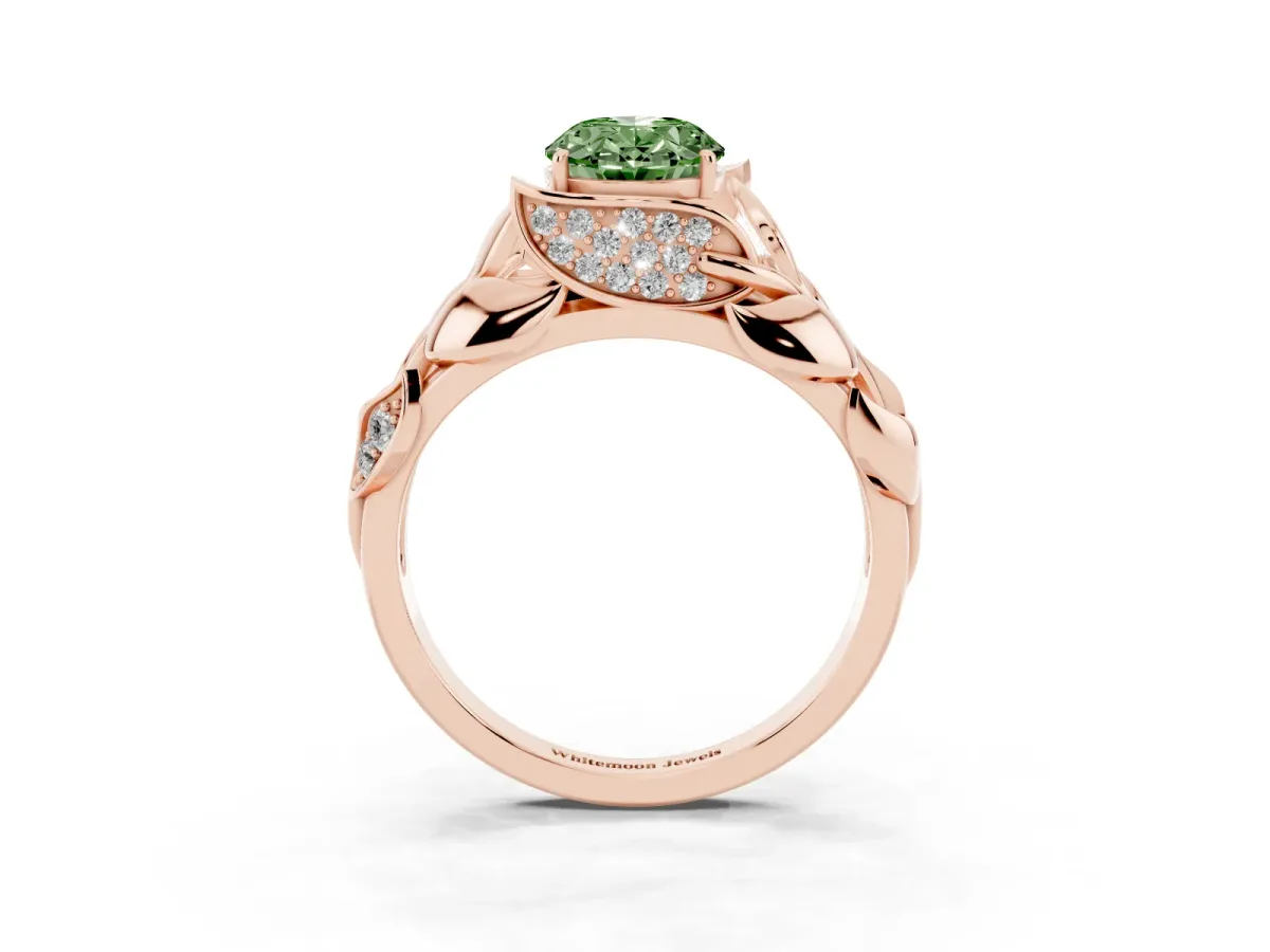 Fancy Green Oval Cut Diamond Leaf-Inspired Engagement Ring with Round Accents and Prong Setting Rose gold