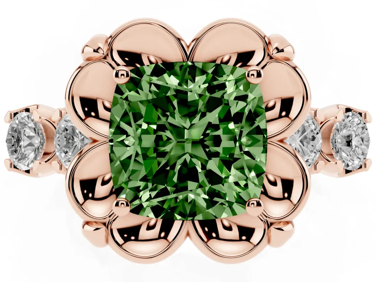 Fancy Green Cushion Cut Cut Diamond Floral Halo Engagement Ring with Shared Prong Setting Rose gold