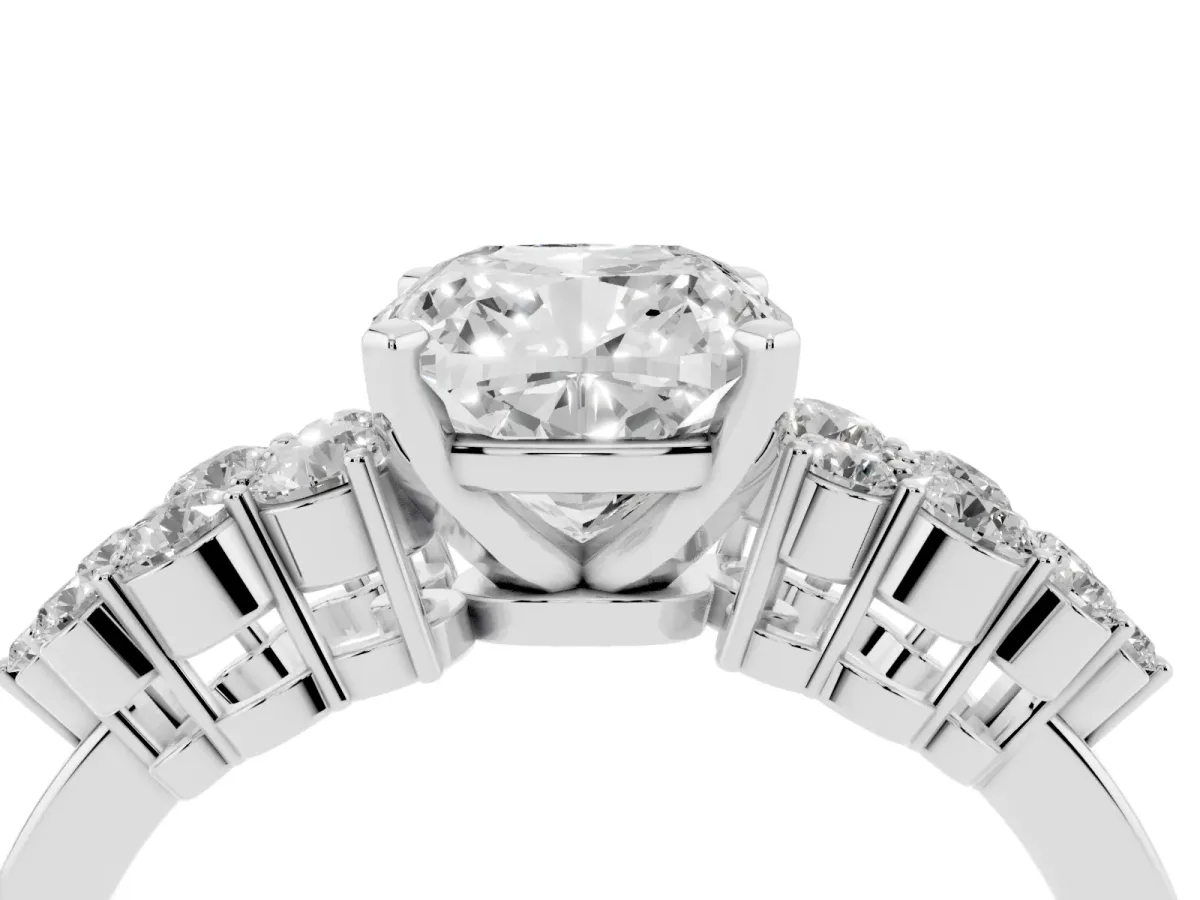 Cushion Cut Cluster Diamond Engagement Ring with Pavé Band and Four-Prong Setting Silver