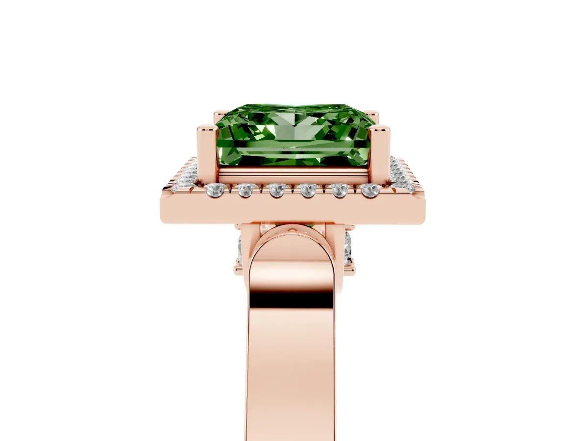 Fancy Green Princess Cut Halo Round Diamond Twist Band with Four-Prong Setting Rose gold