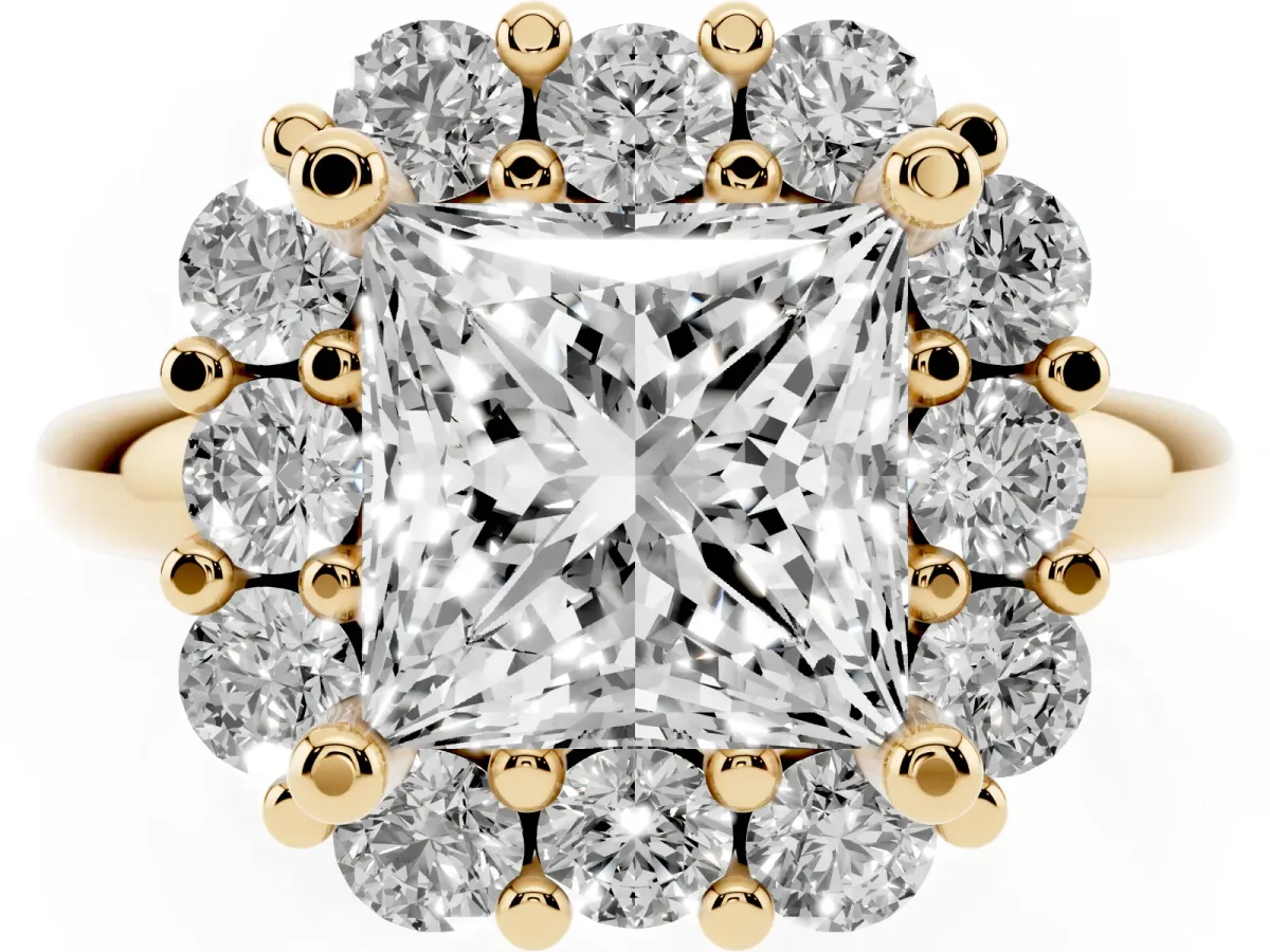 Princess Cut Halo Cluster Diamond Engagement Ring with Prong Setting and Polished Band Yellow gold