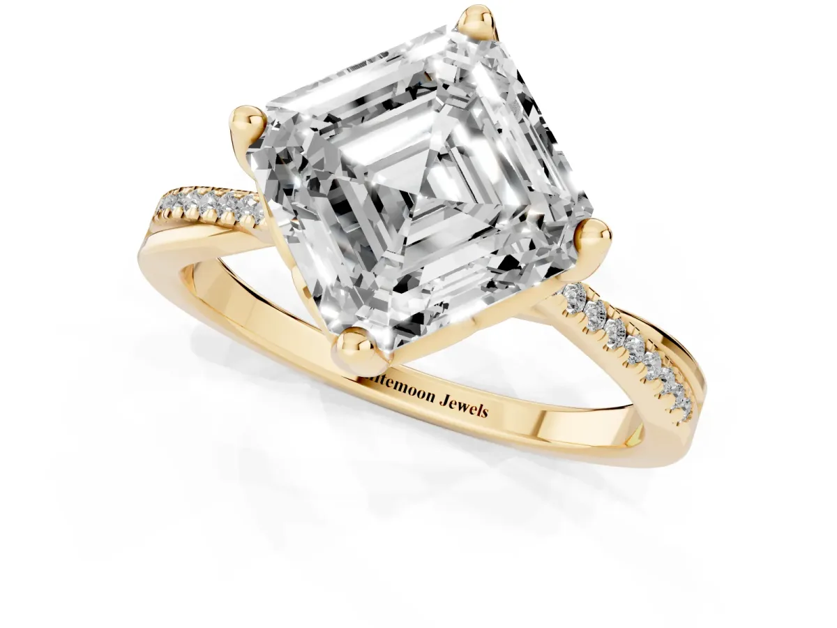 Asscher Cut Solitaire Twist Band with Pavé Diamonds and Four-Prong Setting Yellow gold