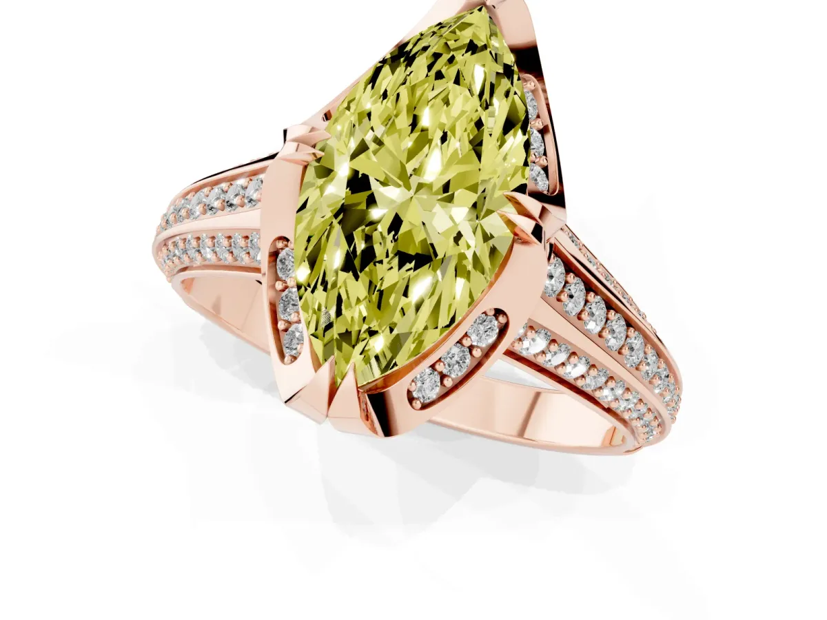 Fancy Yellow Marquise Cut Solitaire Pave Split Shank Ring with Four-Prong Setting Rose gold