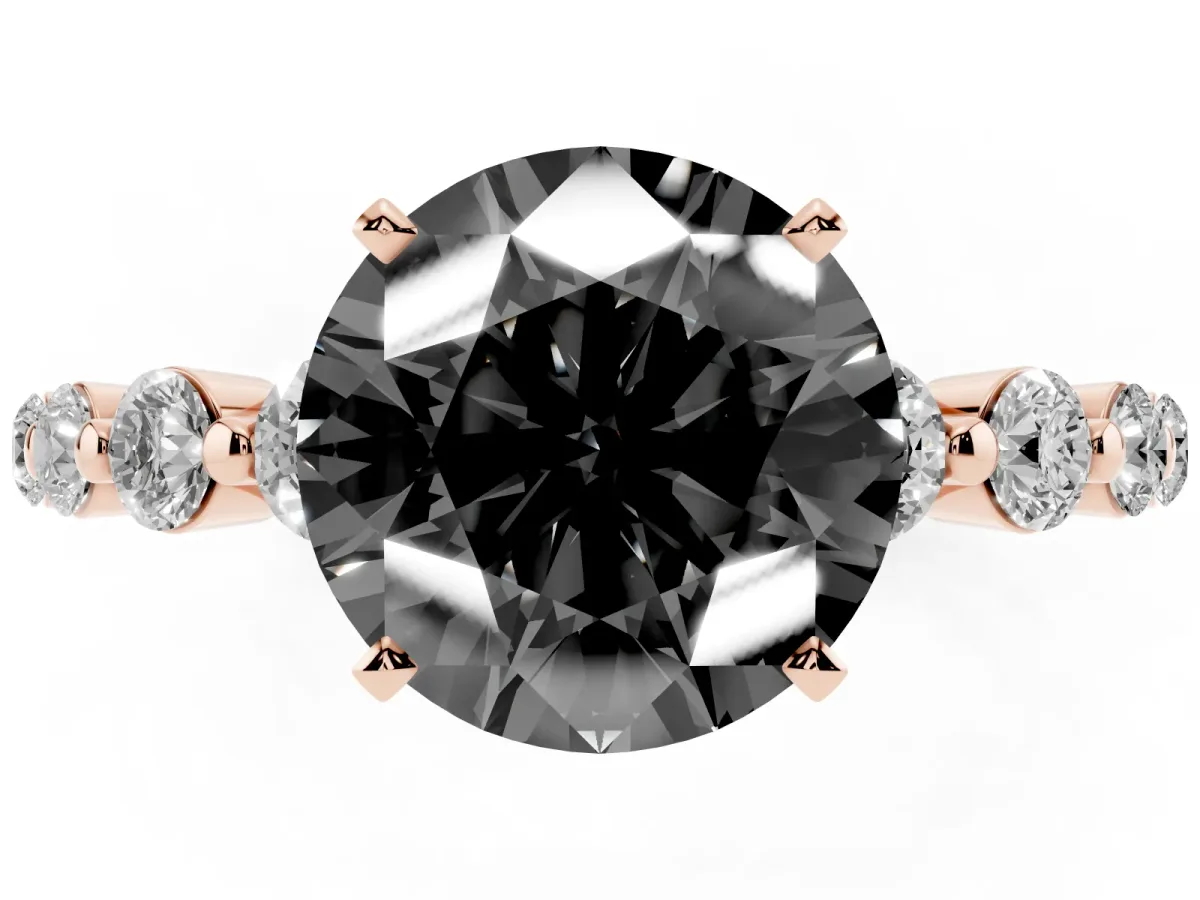 Fancy Black Round Cut Solitaire Diamond Ring with Pave Band and Four-Prong Setting Rose gold