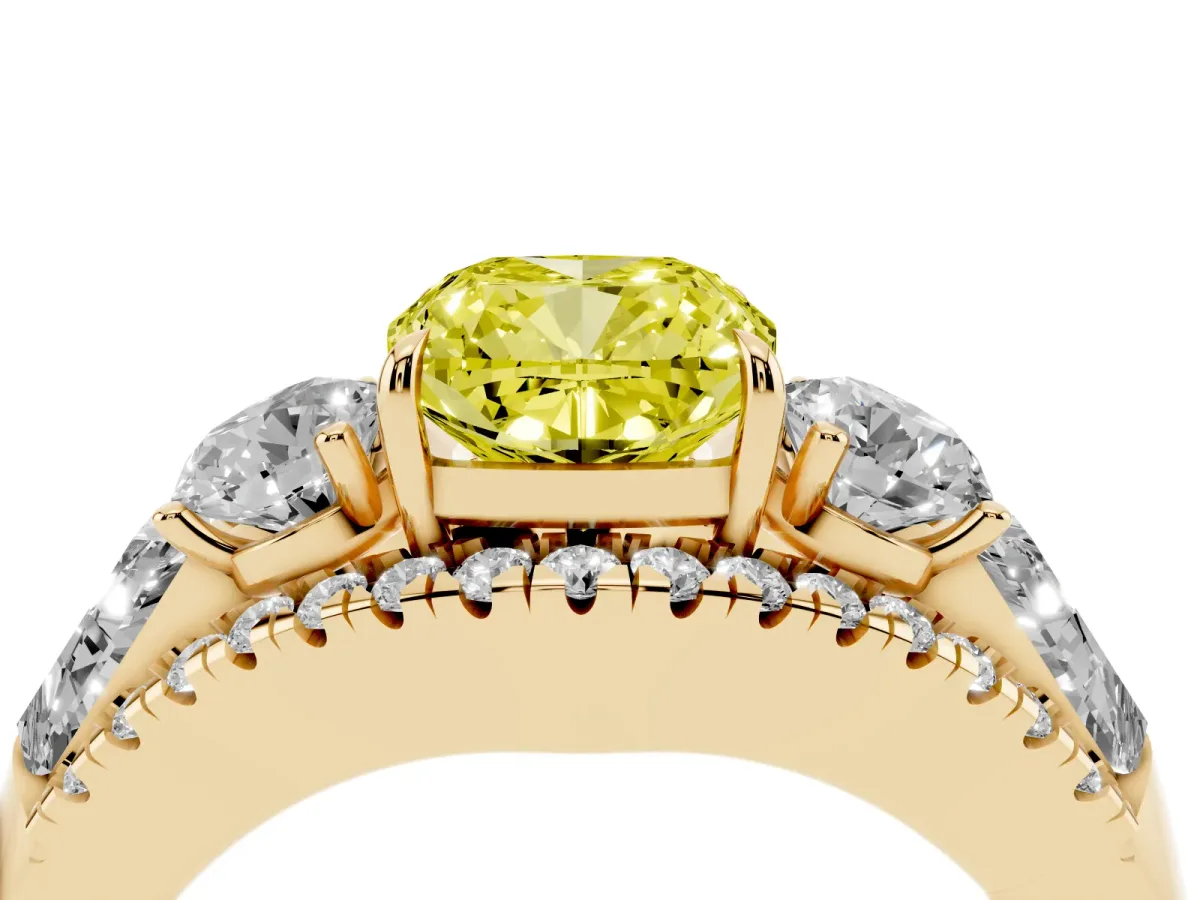 Fancy Yellow Three-Stone Cushion Cut Diamond Engagement Ring with Pave Band and Prong Setting Yellow gold