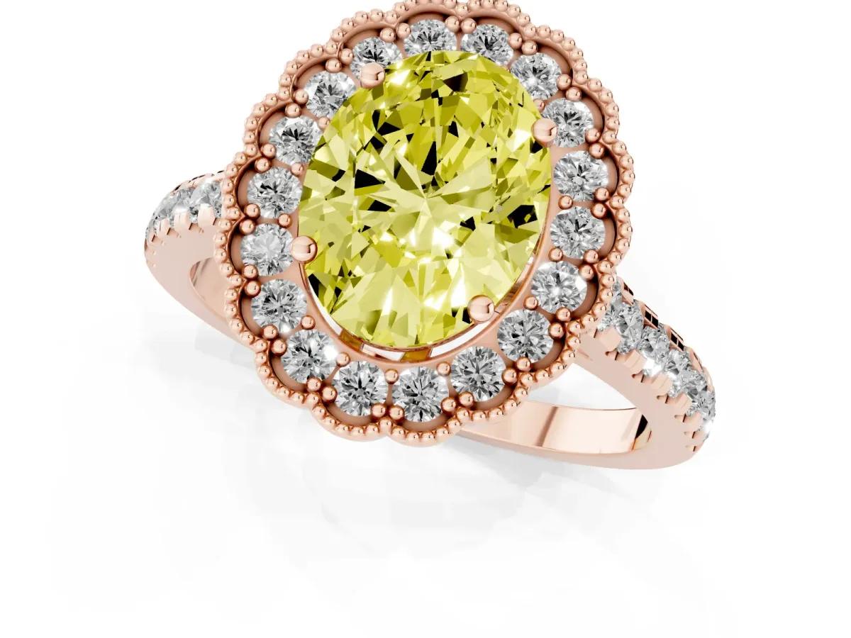 Fancy Yellow Oval Cut Cut Diamond Milgrain Floral Halo Engagement Ring with Pavé Band Rose gold