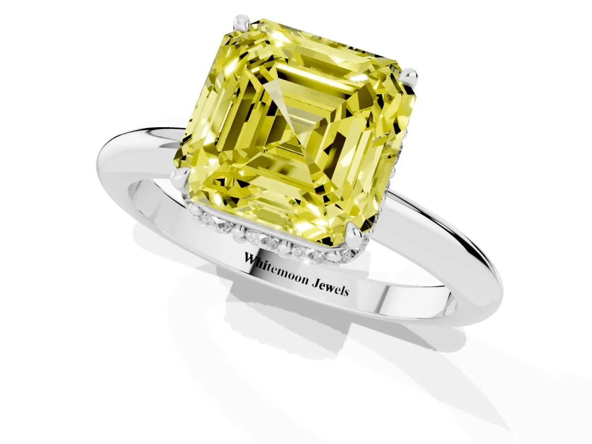Fancy Yellow Asscher Cut Brilliant Solitaire Engagement Ring with Six-Prong Setting and Classic Band White gold