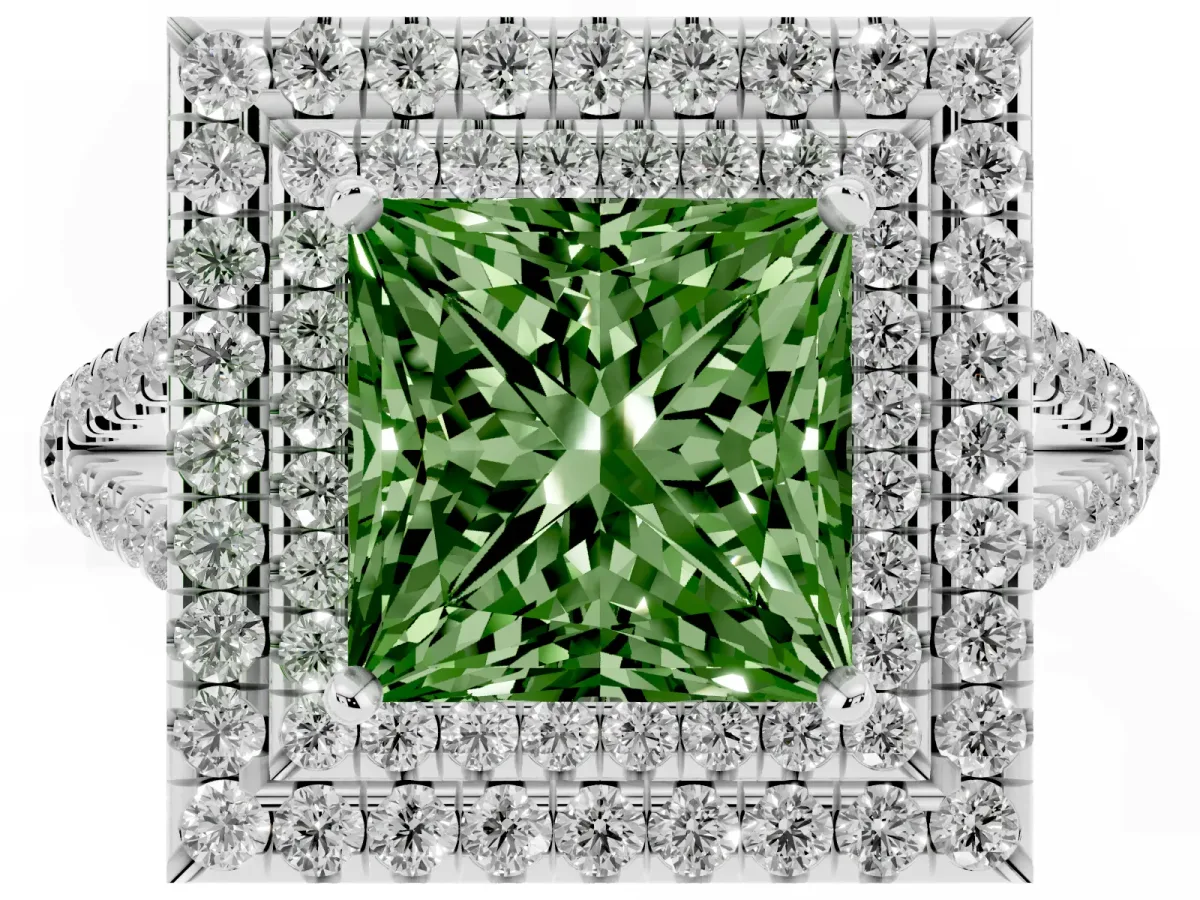 Fancy Green Princess Cut Diamond Double Halo Ring with Pavé Band and Prong Setting White gold