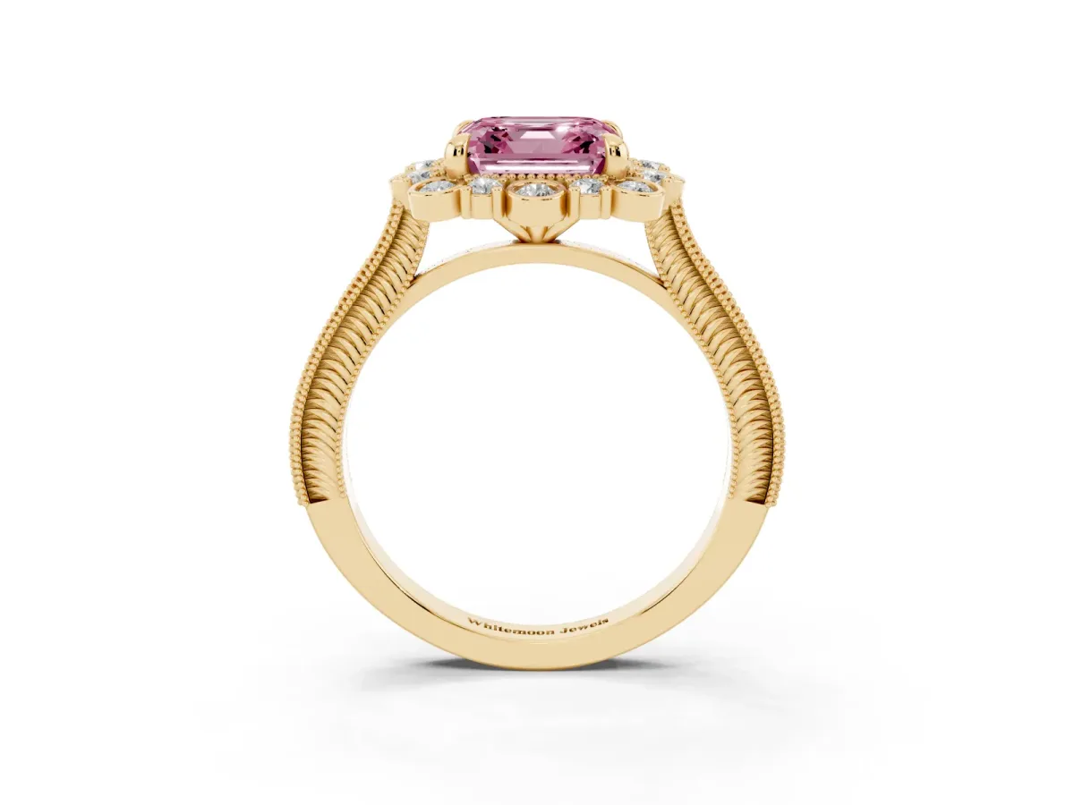 Fancy Pink Asscher Cut Halo Milgrain Pave Diamond Ring with Four-Prong Setting Yellow gold