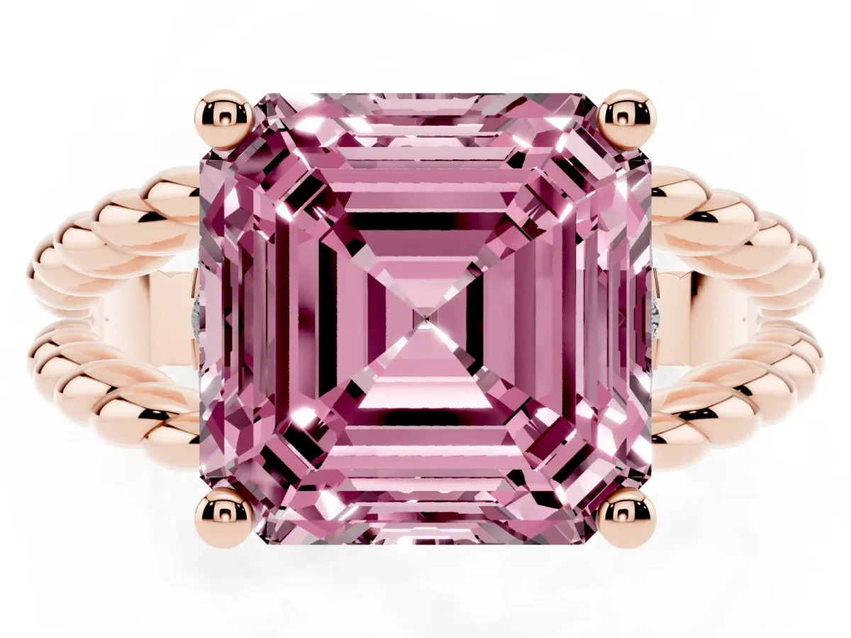 Fancy Pink Asscher Cut Halo Twisted Band Four-Prong Ring Rose gold