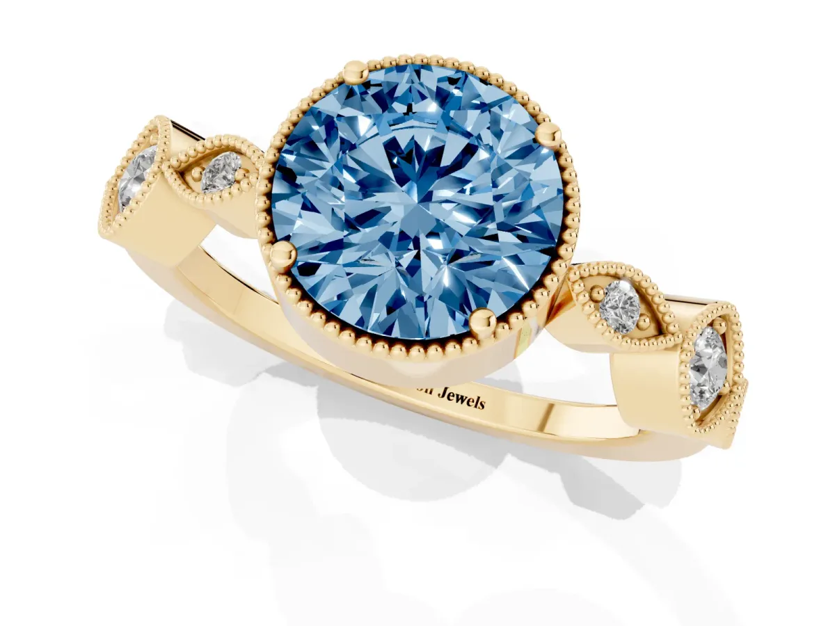 Fancy Blue Round Cut Diamond Vintage Milgrain Ring with Round Stations Yellow gold