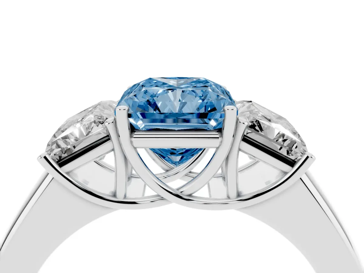 Fancy Blue Three-Stone Radiant Cut Cut Diamond Ring with Prong Setting and Classic Band Silver