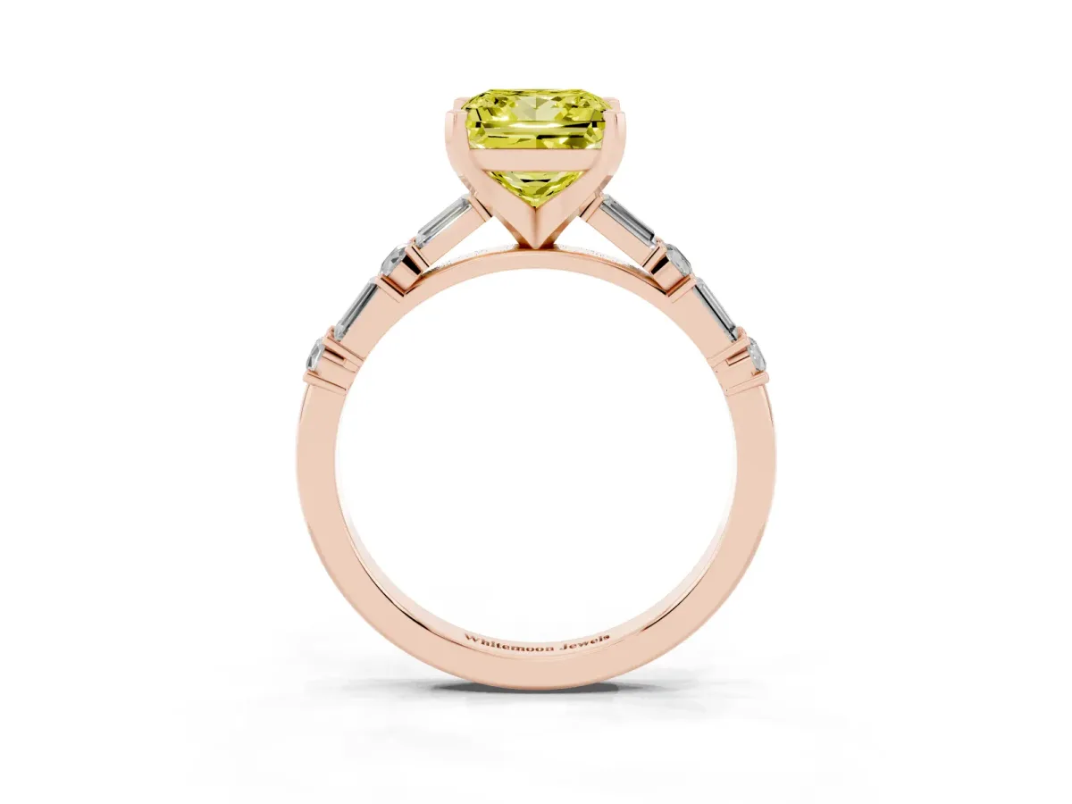 Fancy Yellow Princess Cut Diamond Solitaire with Side Baguettes and Channel Set Band Rose gold