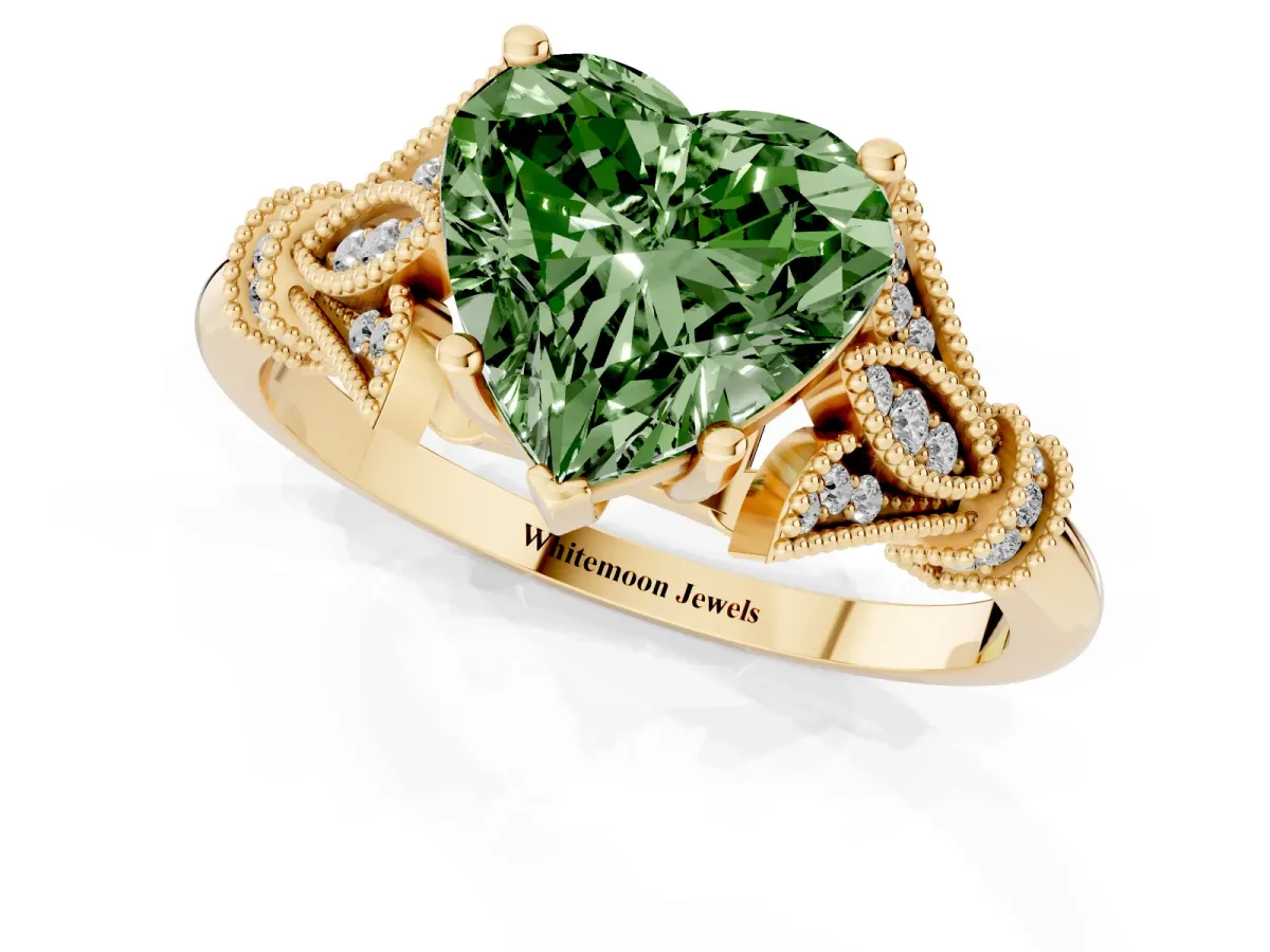 Fancy Green Heart Cut Diamond Solitaire Ring with Floral Filigree and Pave Accents Yellow gold