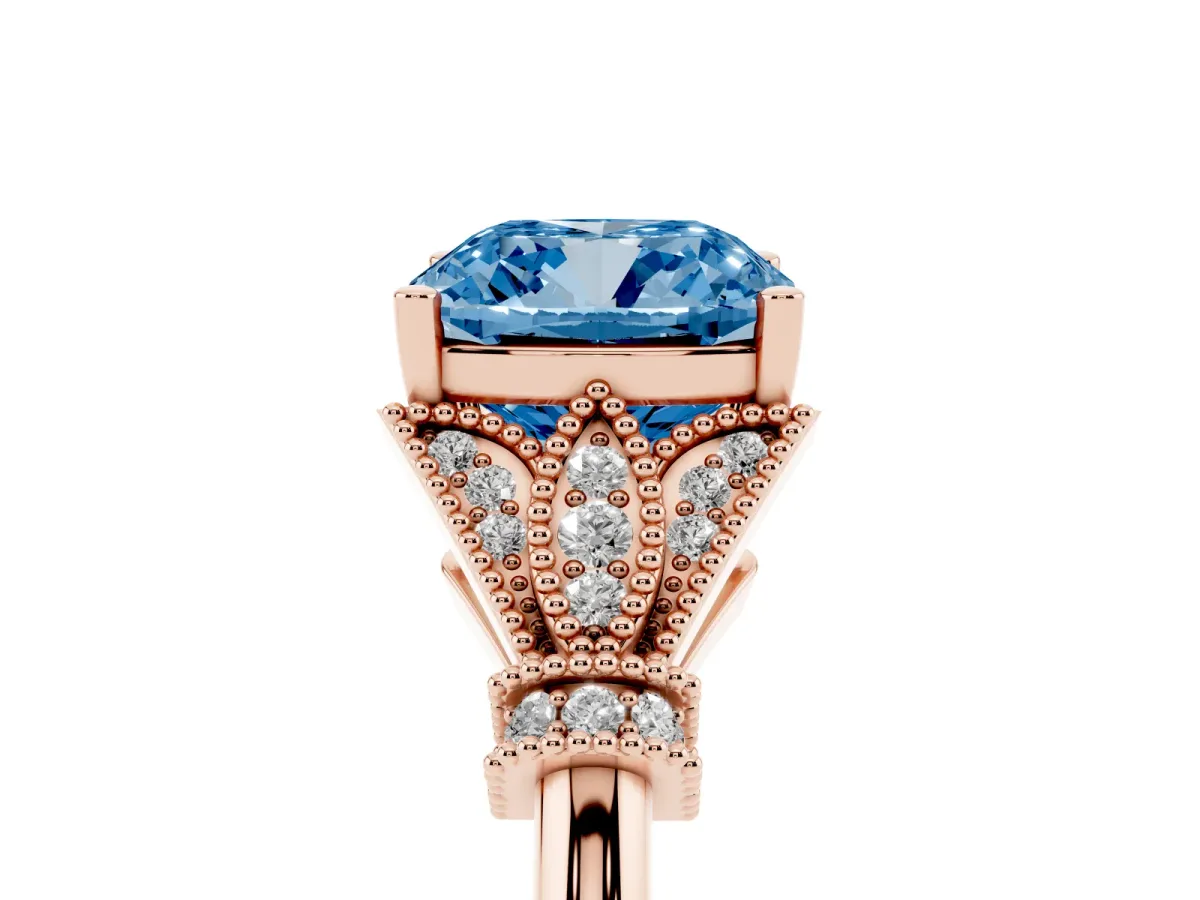 Fancy Blue Cushion Cut Diamond Solitaire Ring with Floral Filigree and Pave Accents Rose gold