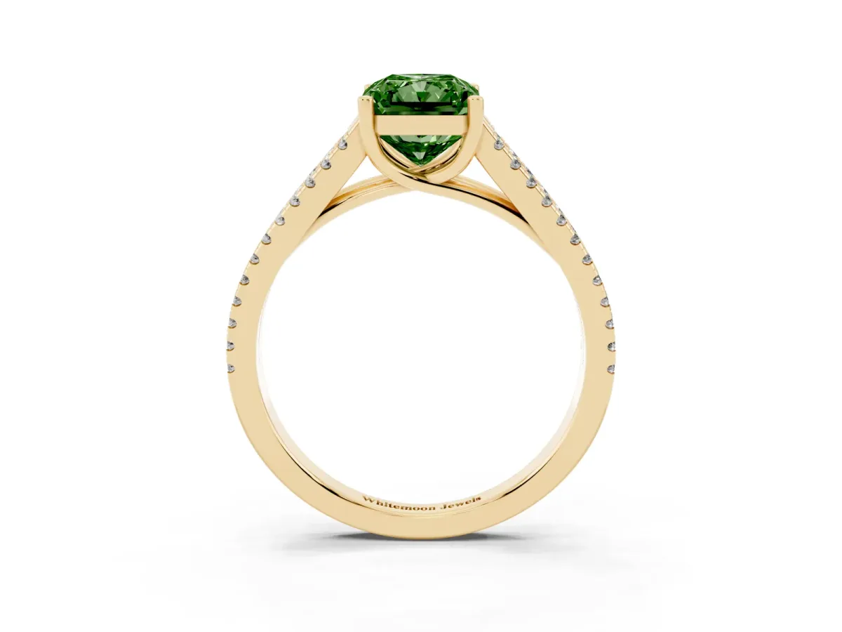 Fancy Green Radiant Cut Diamond Solitaire Engagement Ring with Split Shank Pavé Band Yellow gold