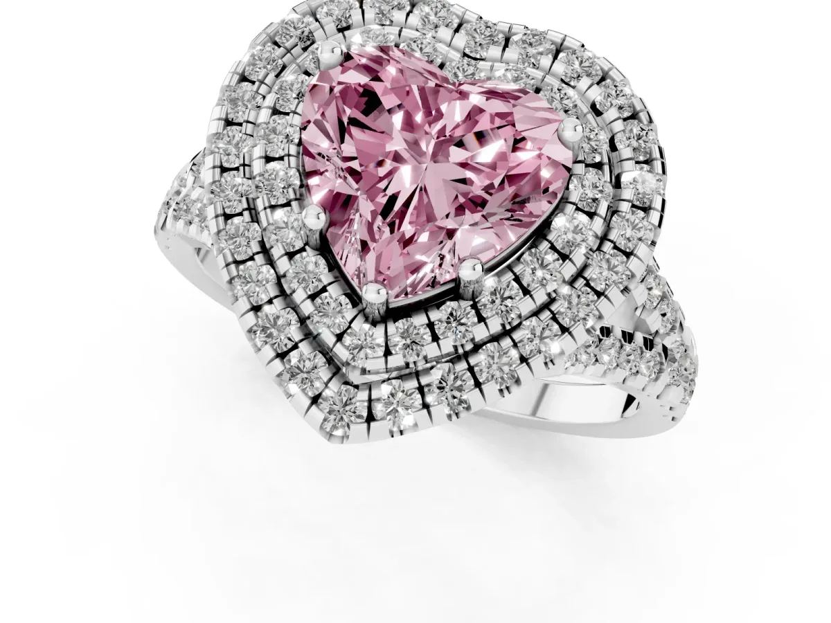 Fancy Pink Double Halo Heart Cut Diamond Pavé Split Shank Ring with Prong Setting Platinum