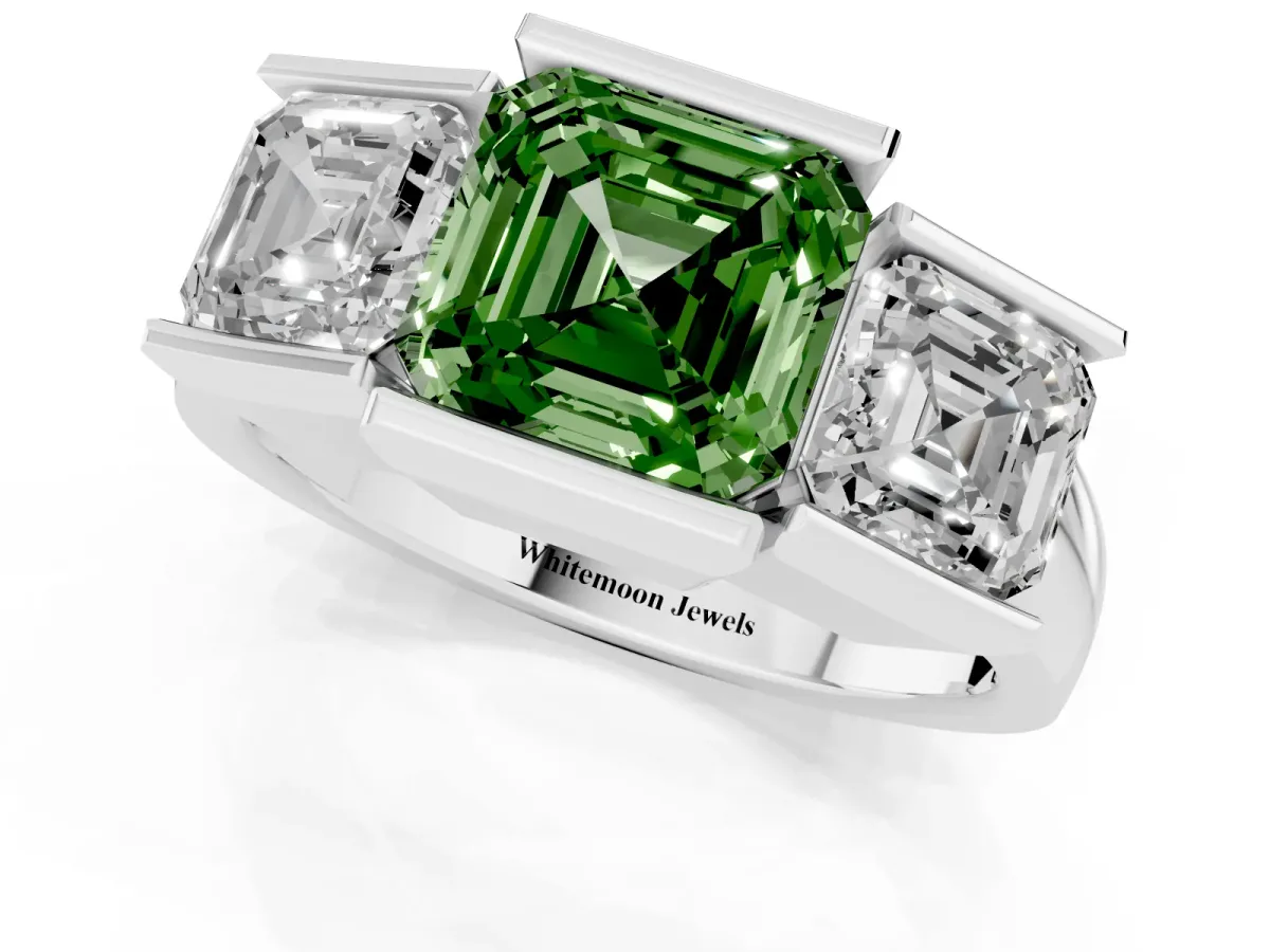 Fancy Green Three Stone Asscher Cut Cut Channel Set Diamond Ring Silver