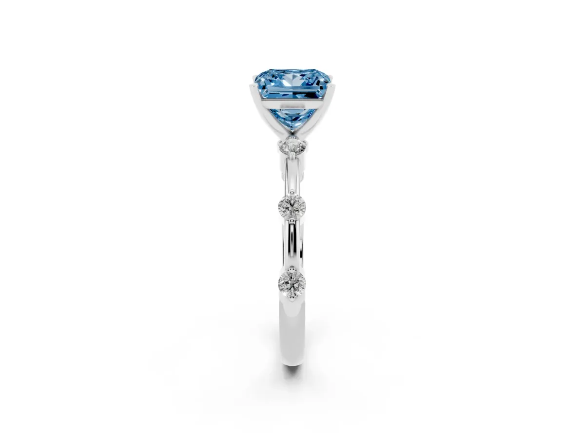 Fancy Blue Princess Cut Solitaire Diamond Ring with Bezel Set Side Stones and Prong Setting Platinum