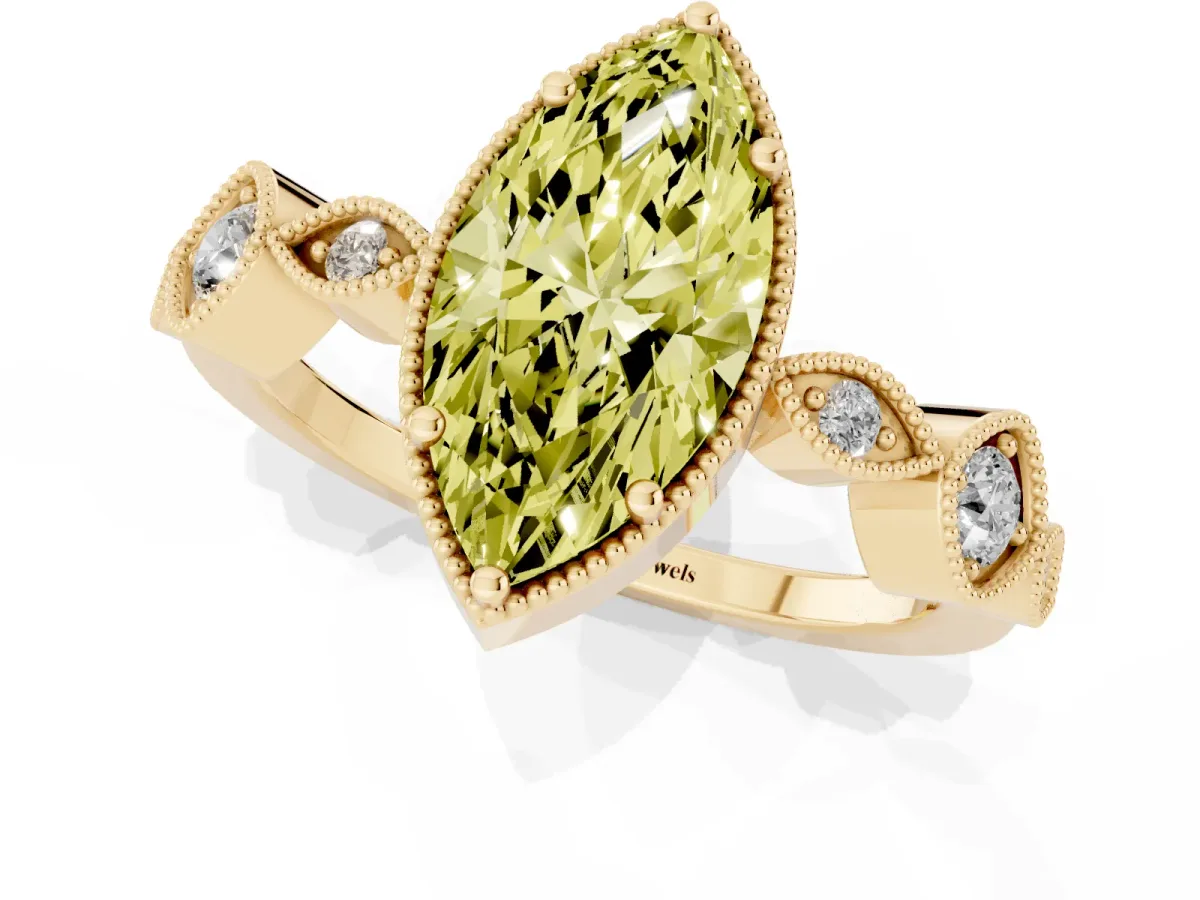 Fancy Yellow Marquise Cut Diamond Vintage Milgrain Ring with Round Stations Yellow gold