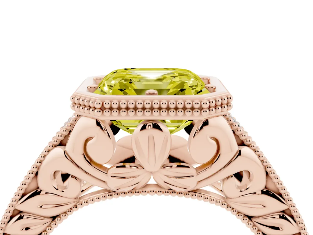Fancy Yellow Bezel Set Asscher Cut Diamond Milgrain Pave Engagement Ring Rose gold
