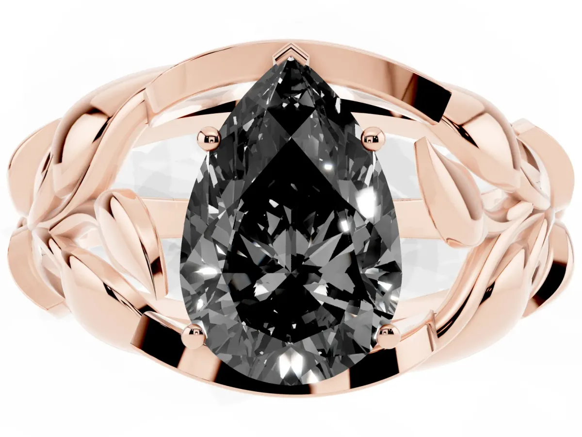Fancy Black Pear Cut Diamond Leaf-Inspired Engagement Ring with Round Accents and Prong Setting Rose gold
