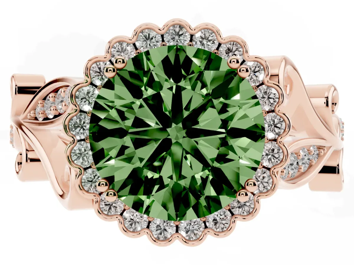 Fancy Green Round Cut Diamond Halo Ring with Vintage Split Shank and Four-Prong Setting Rose gold