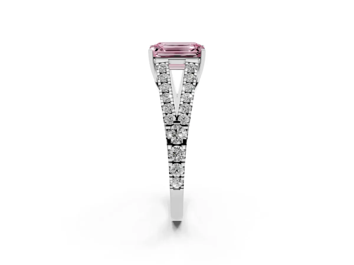 Fancy Pink Emerald Cut Diamond Split Shank Engagement Ring with Round Pavé and Prong Setting Silver