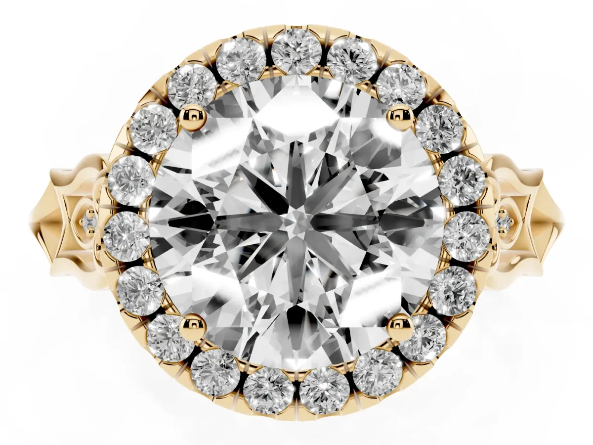 Round Cut Halo Diamond Engagement Ring with Filigree Band and Four-Prong Setting Yellow gold