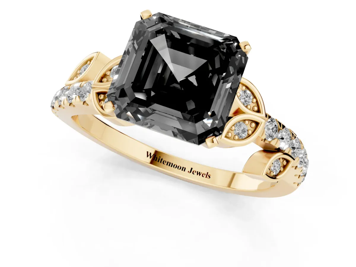 Fancy Black Asscher Cut Solitaire Leaf-Inspired Diamond Ring with Pavé Band and Four-Prong Setting Yellow gold