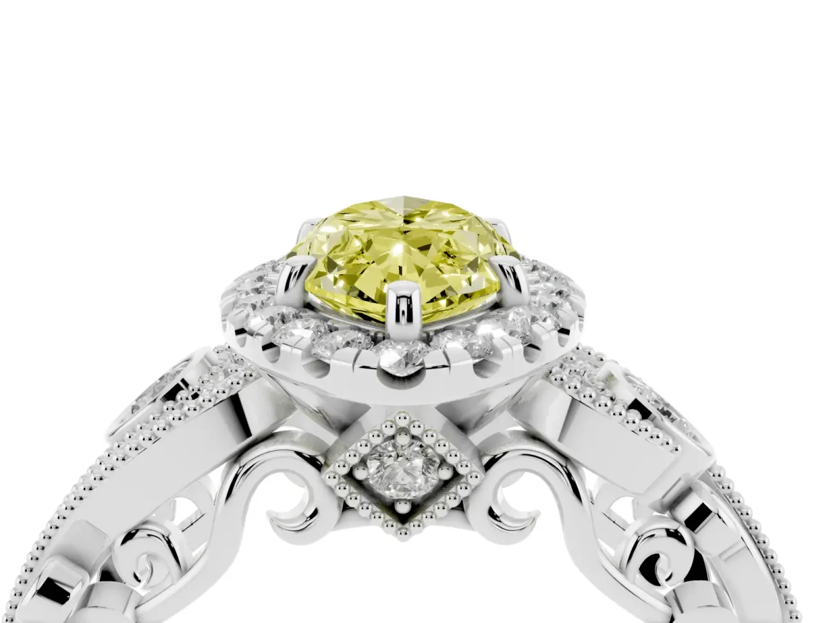 Fancy Yellow Marquise Cut Halo Diamond Ring with Milgrain and Bezel Accents on a Split Shank Band White gold