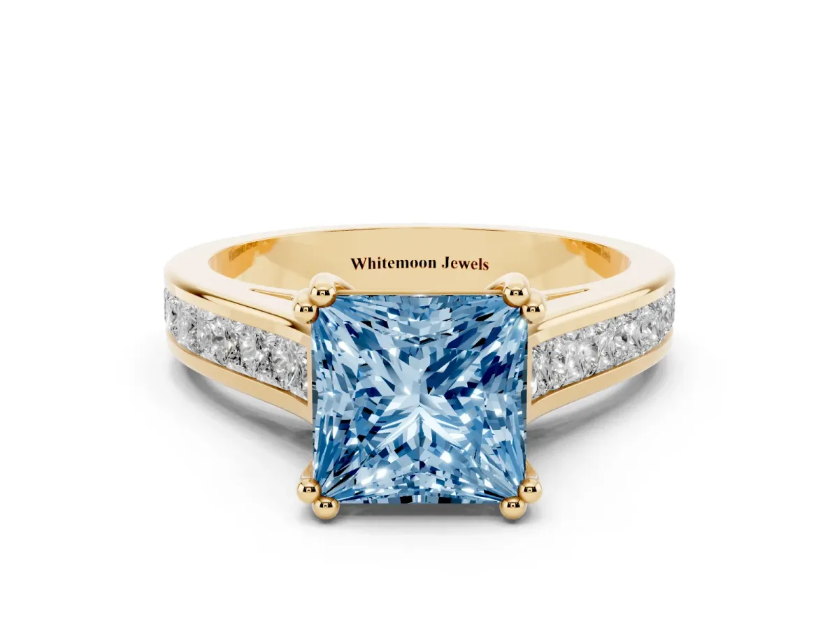 Fancy Blue Princess Cut Cut Channel Set Solitaire Engagement Ring with Prong Setting Yellow gold