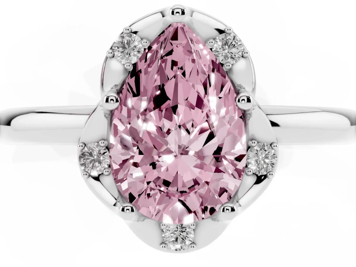 Fancy Pink Pear Cut Halo Diamond Ring with Round Cluster Setting, Solitaire Band, and Four-Prong Setting Platinum