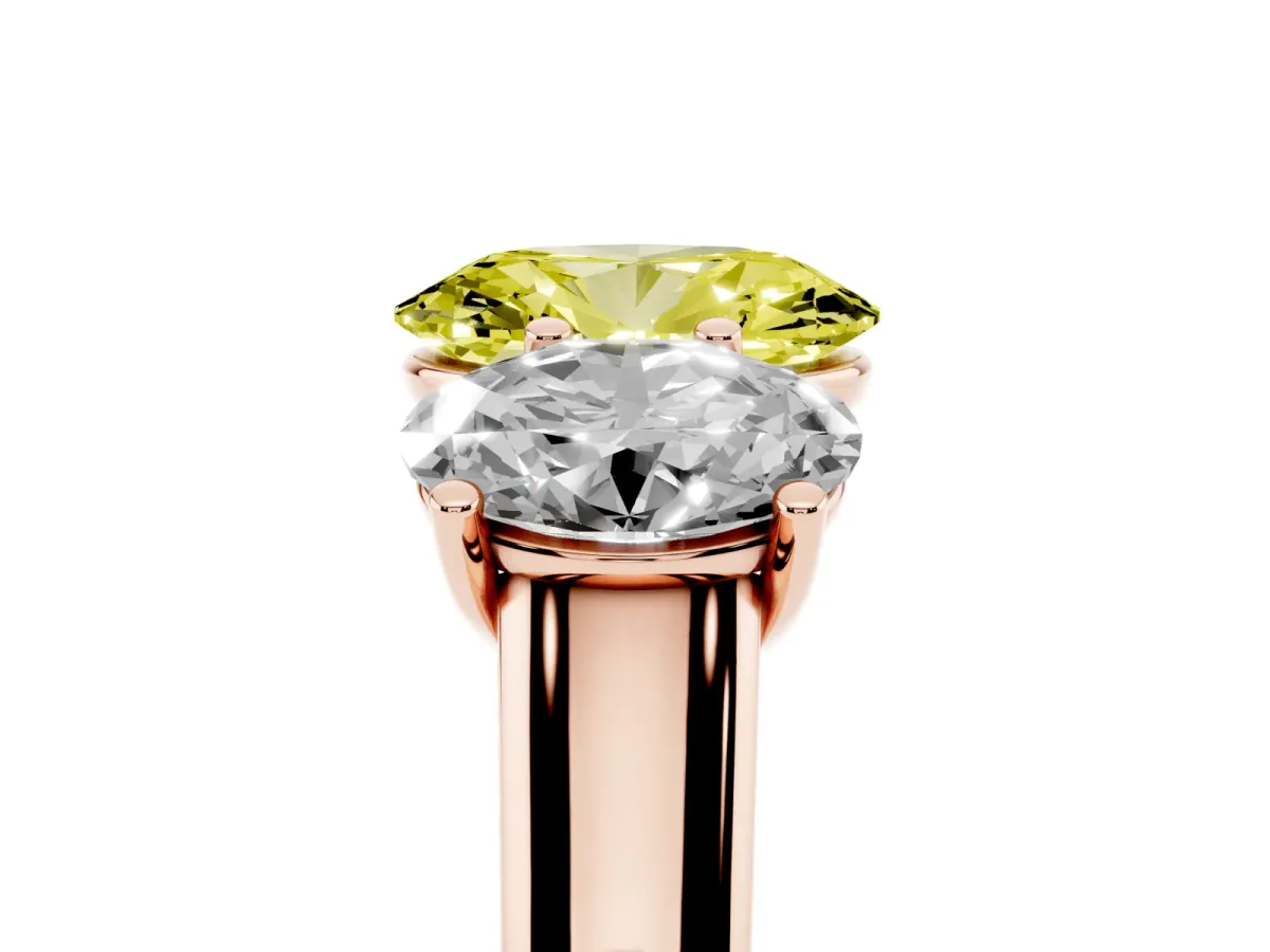 Fancy Yellow Oval Cut Three-Stone Diamond Ring with Prong Setting on a Classic Band Rose gold