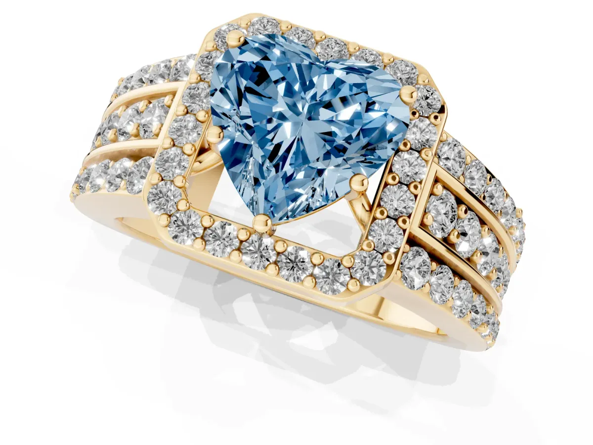 Fancy Blue Heart Cut Halo Diamond Ring with Round Split Shank and Prong Setting Yellow gold