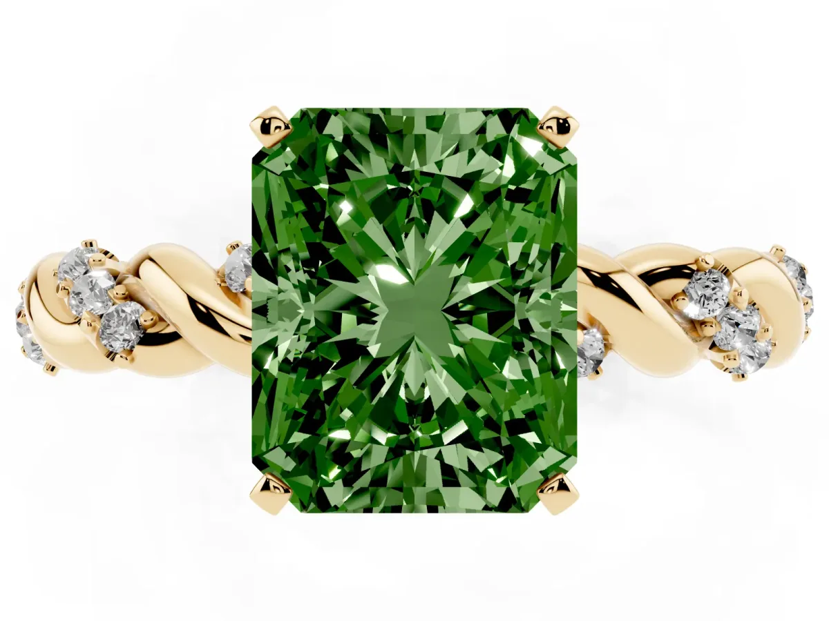 Fancy Green Radiant Cut Diamond Solitaire Ring with Twisted Band and Pavé Accents Yellow gold