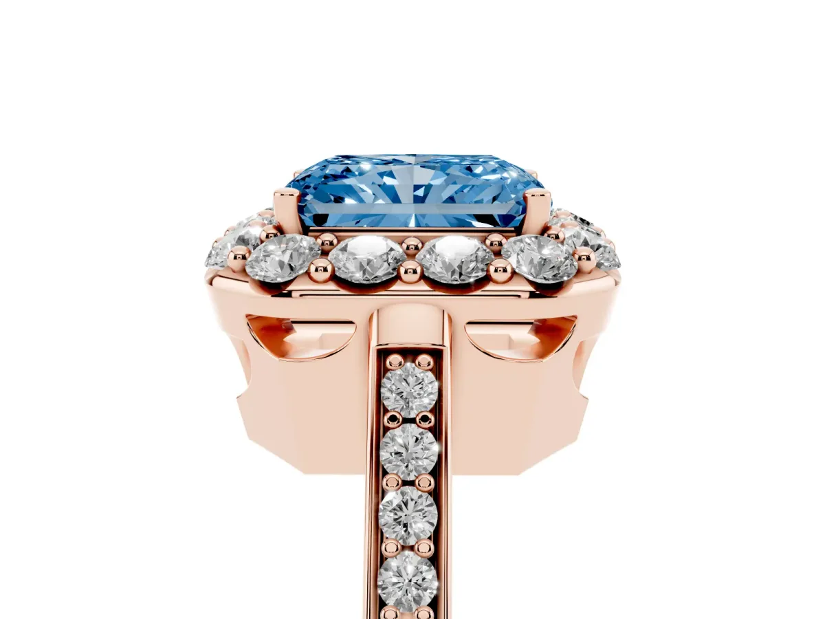 Fancy Blue Radiant Cut Diamond Floral Halo Ring with Pavé Band and Prong Setting Rose gold