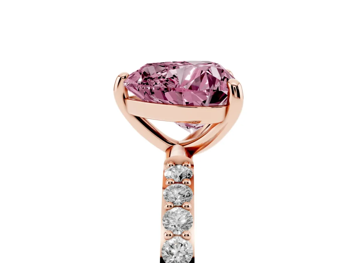 Fancy Pink Heart Cut Diamond Solitaire Ring with Round Pavé Band and Prong Setting Rose gold