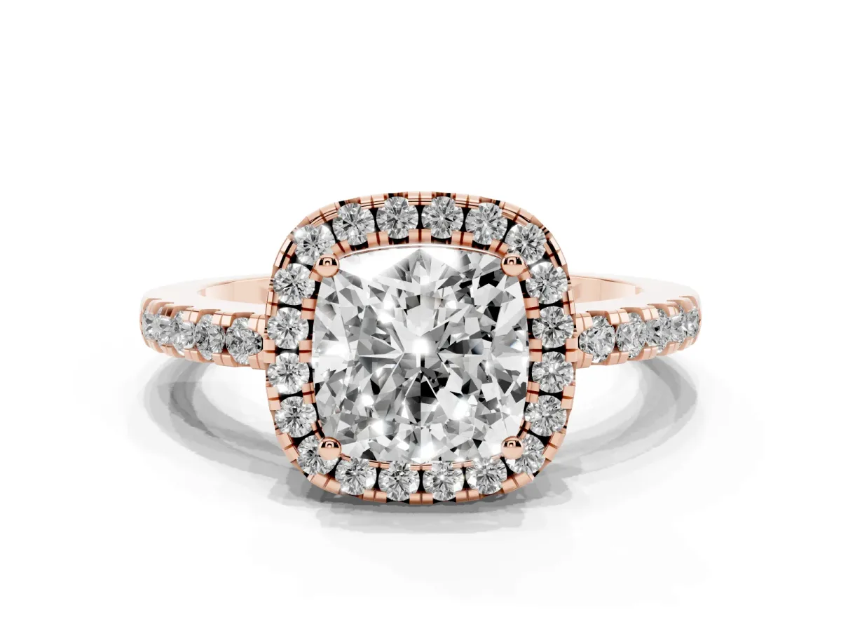 Cushion Cut Halo Diamond Engagement Ring with Pavé Band and Four-Prong Setting Rose gold