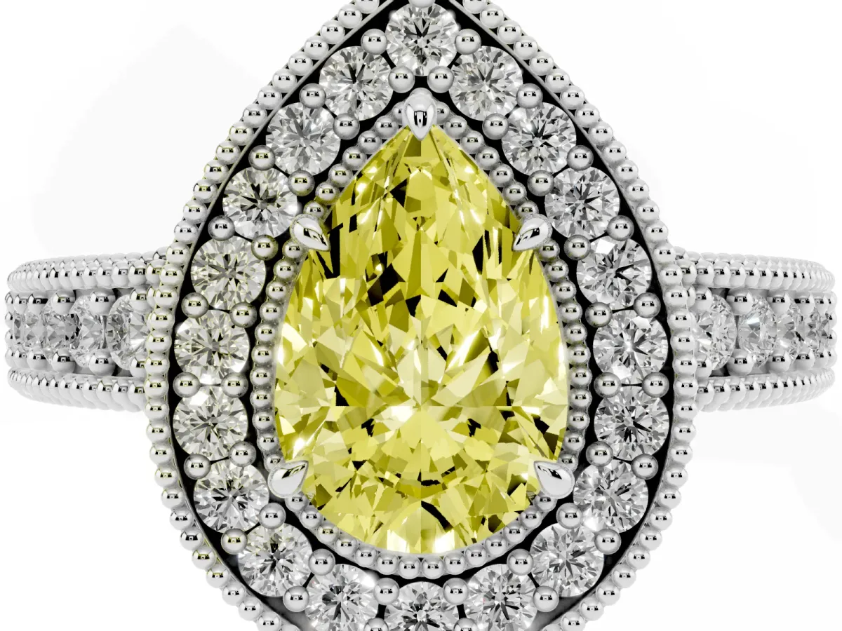 Fancy Yellow Pear Cut Cut Halo Diamond Ring with Pavé Band and Four-Prong Setting White gold