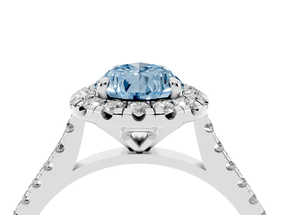 Fancy Blue Pear Cut Diamond Cushion Halo Ring with Pavé Band Silver