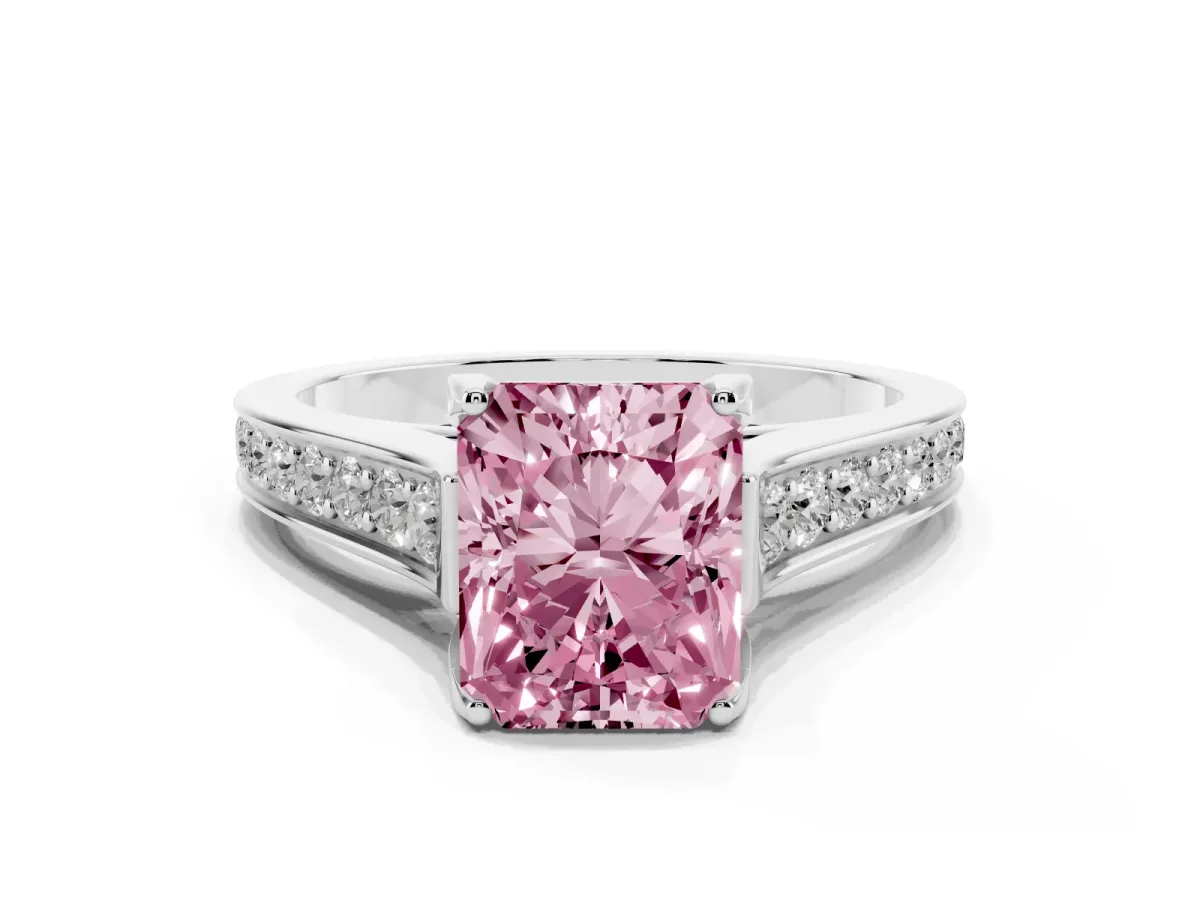 Fancy Pink Radiant Cut Brilliant Cut Diamond Engagement Ring with Pavé Band and Four-Prong Setting White gold