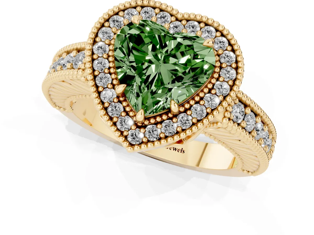 Fancy Green Heart Cut Cut Halo Diamond Ring with Pavé Band and Four-Prong Setting Yellow gold