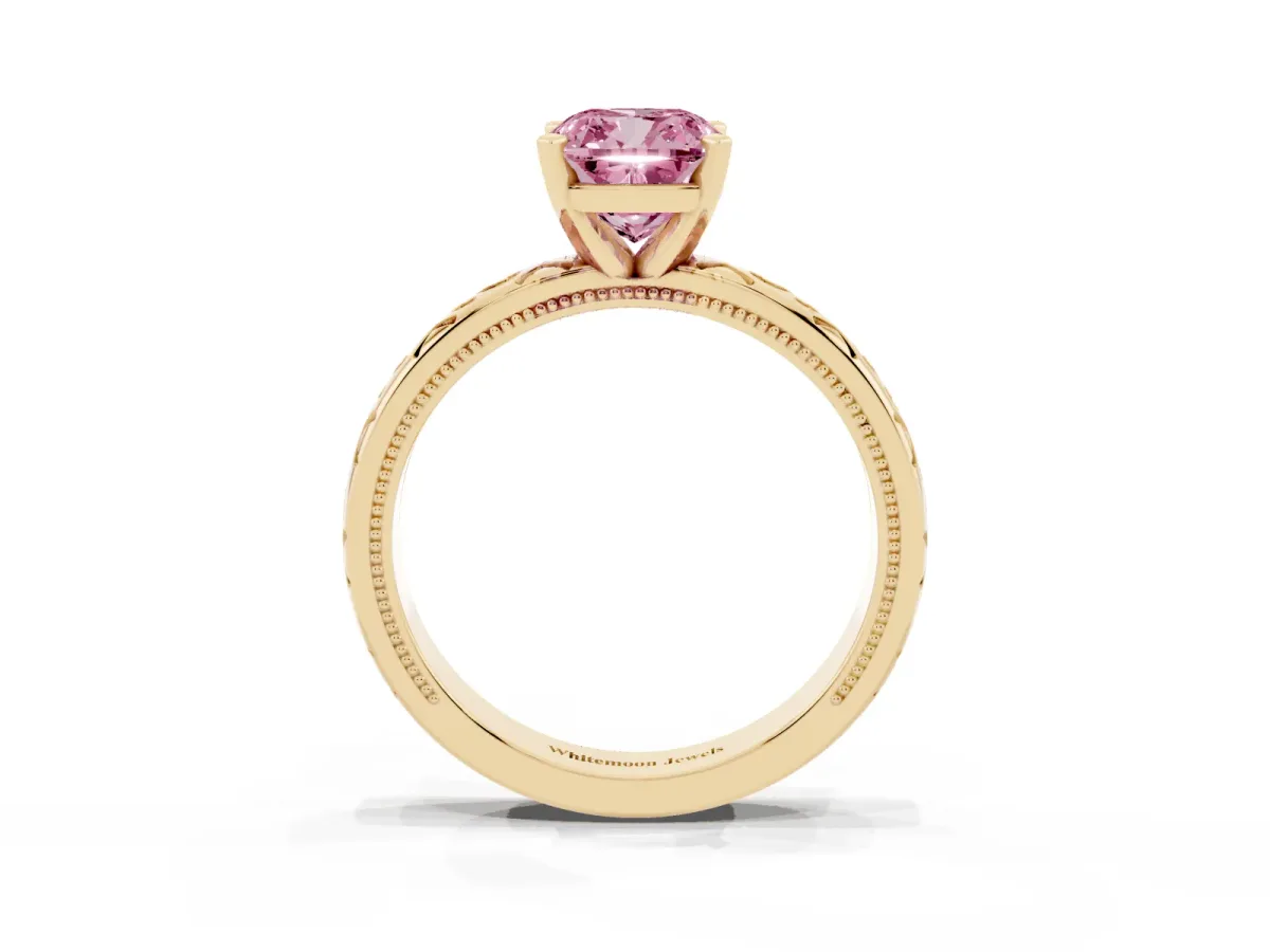 Fancy Pink Cushion Cut Solitaire Engagement Ring with Scrollwork Band and Four-Prong Setting Yellow gold