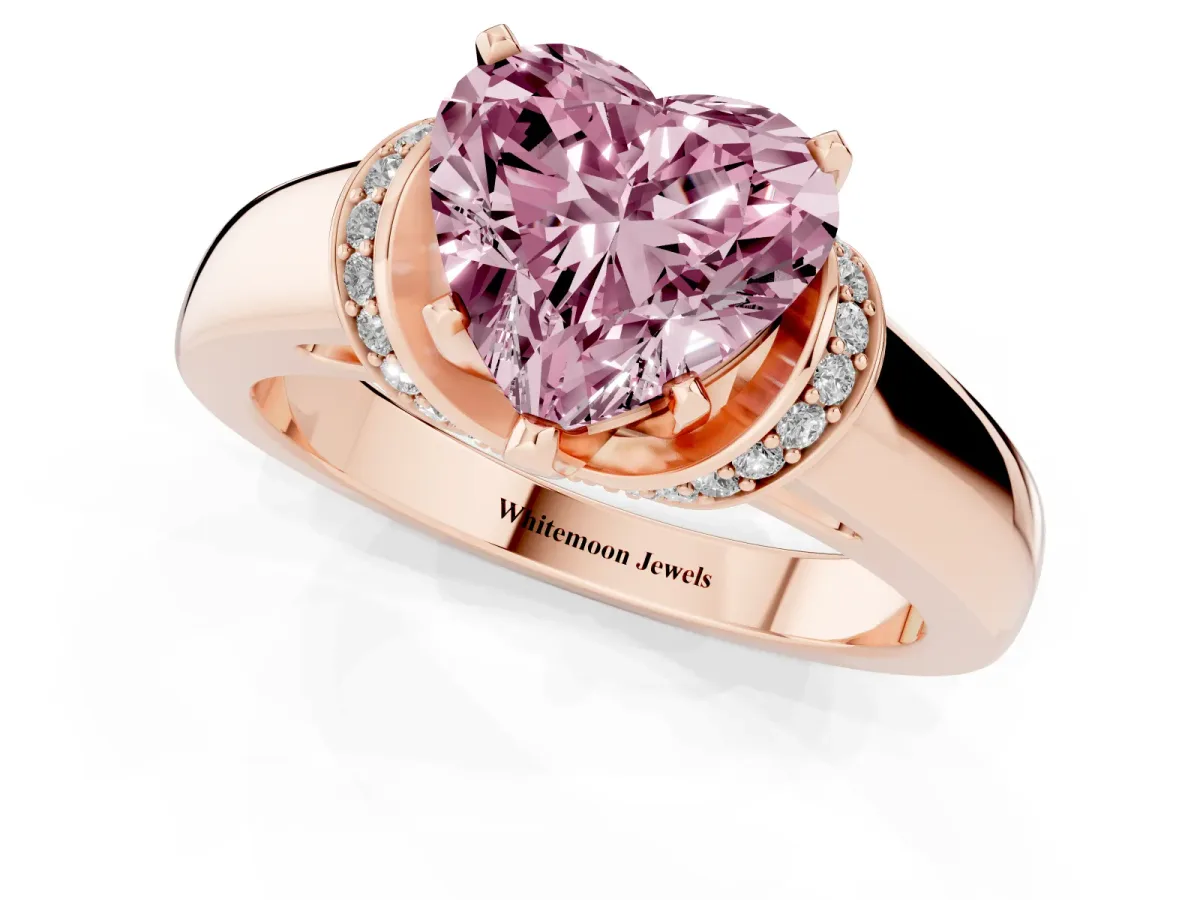 Fancy Pink Heart Cut Solitaire Diamond Ring with Pave Band and Six-Prong Setting Rose gold