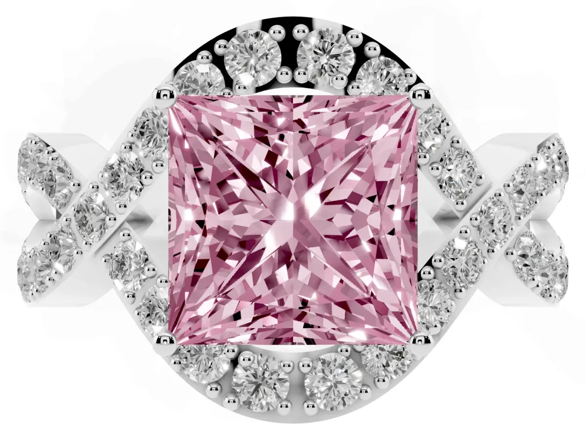 Fancy Pink Princess Cut Solitaire Twist Band Pavé Diamond Engagement Ring Silver