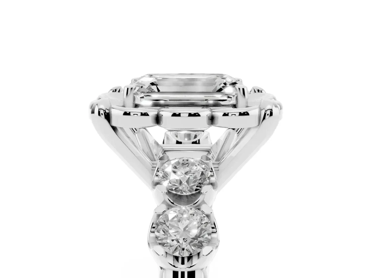 Emerald Cut Cut Diamond Floral Halo Engagement Ring with Shared Prong Setting Platinum