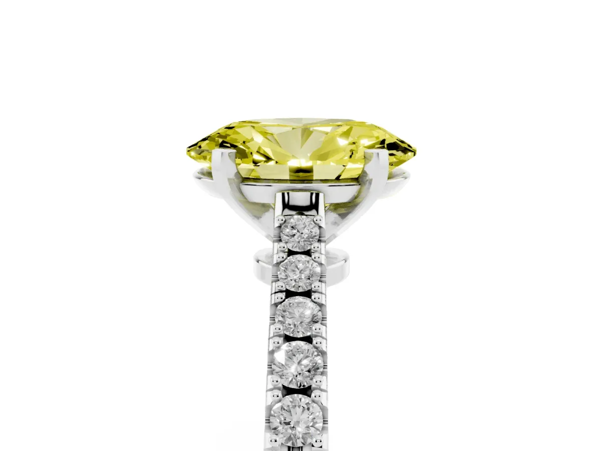 Fancy Yellow Oval Cut Cut Solitaire Diamond Engagement Ring with Pave Band and Four-Prong Setting Platinum