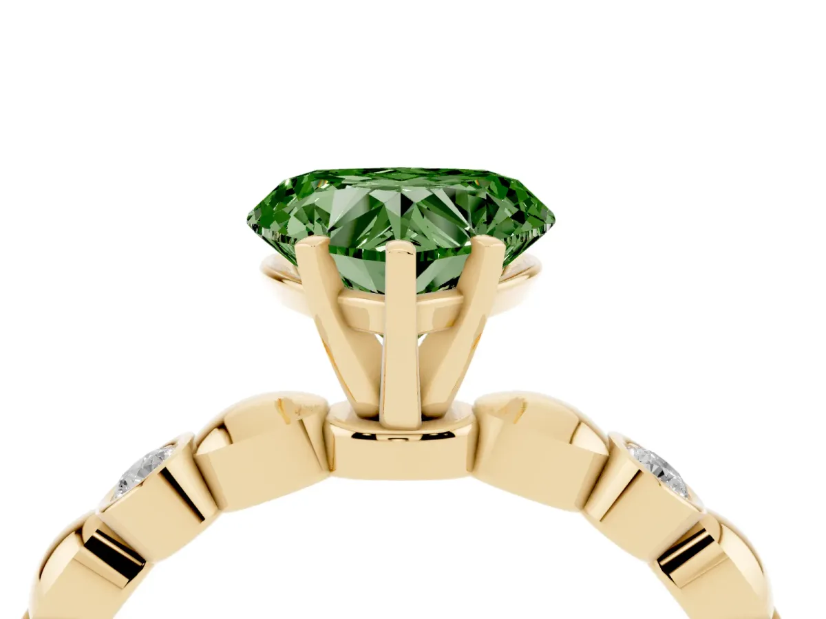 Fancy Green Heart Cut Solitaire Bezel-Set Diamond Ring with Beaded Band and Four-Prong Setting Yellow gold